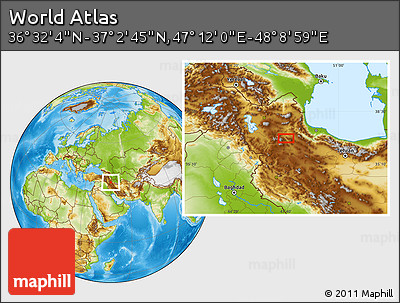 Physical Location Map of the Area around 36° 47' 25" N, 47° 40' 29" E