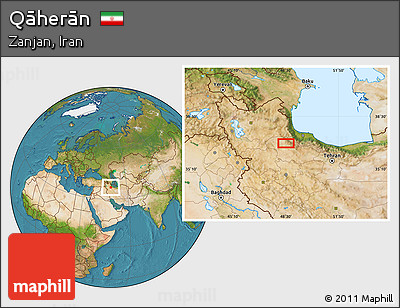 Satellite Location Map of Qāherān