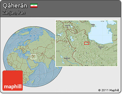 Savanna Style Location Map of Qāherān, hill shading