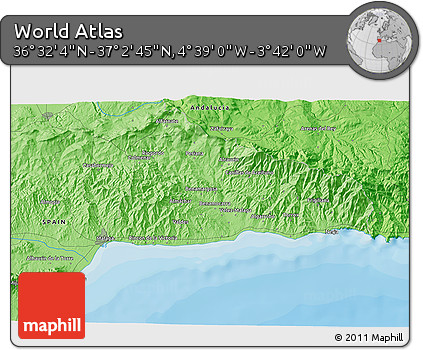 Political 3D Map of the Area around 36° 47' 25" N, 4° 10' 30" W