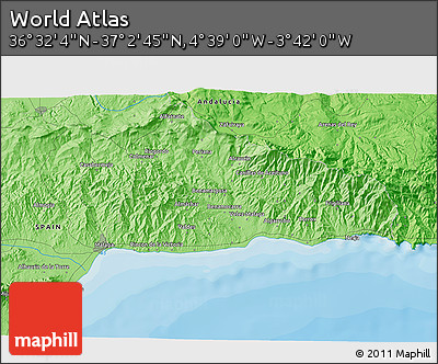 Political 3D Map of the Area around 36° 47' 25" N, 4° 10' 30" W