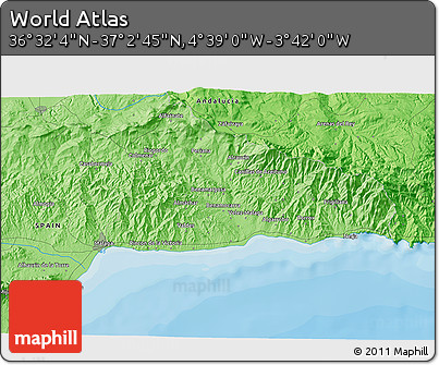 Political 3D Map of the Area around 36° 47' 25" N, 4° 10' 30" W