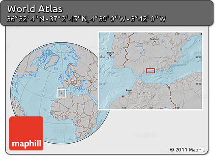 Gray Location Map of the Area around 36° 47' 25" N, 4° 10' 30" W, hill shading