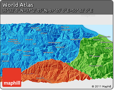 Political 3D Map of the Area around 36° 47' 25" N, 50° 13' 30" E