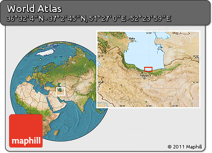 Satellite Location Map of the Area around 36° 47' 25" N, 51° 55' 29" E