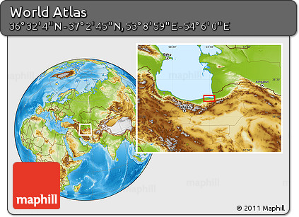 Physical Location Map of the Area around 36° 47' 25" N, 53° 37' 30" E