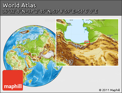 Physical Location Map of the Area around 36° 47' 25" N, 53° 37' 30" E