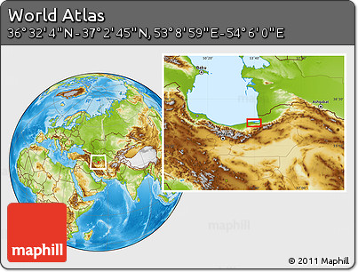Physical Location Map of the Area around 36° 47' 25" N, 53° 37' 30" E