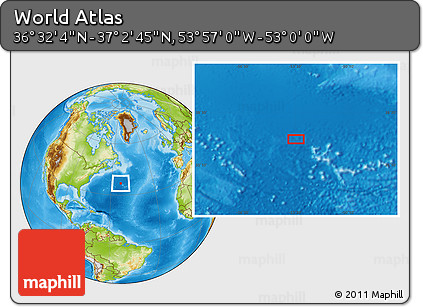 Physical Location Map of the Area around 36° 47' 25" N, 53° 28' 30" W
