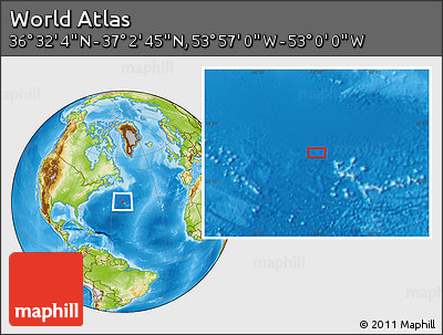 Physical Location Map of the Area around 36° 47' 25" N, 53° 28' 30" W