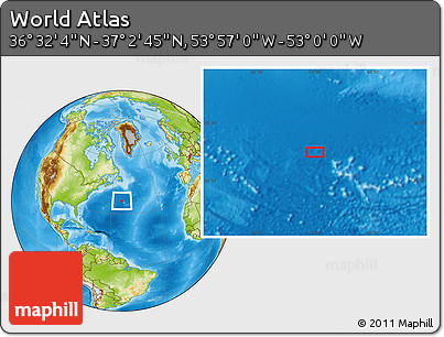 Physical Location Map of the Area around 36° 47' 25" N, 53° 28' 30" W