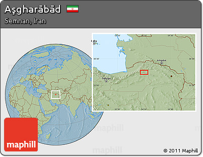 Savanna Style Location Map of Aşgharābād, hill shading
