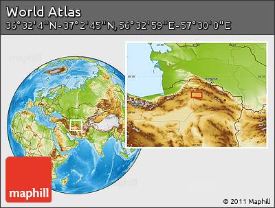 Physical Location Map of the Area around 36° 47' 25" N, 57° 1' 29" E
