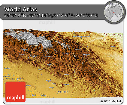 Physical 3D Map of the Area around 36° 47' 25" N, 59° 34' 30" E