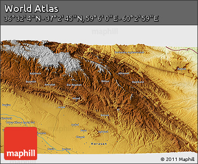 Physical 3D Map of the Area around 36° 47' 25" N, 59° 34' 30" E