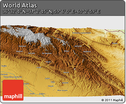 Physical 3D Map of the Area around 36° 47' 25" N, 59° 34' 30" E