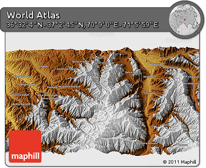 Physical 3D Map of the Area around 36° 47' 25" N, 70° 37' 30" E