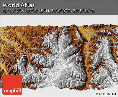 Physical 3D Map of the Area around 36° 47' 25" N, 70° 37' 30" E