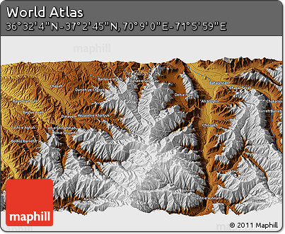Physical 3D Map of the Area around 36° 47' 25" N, 70° 37' 30" E