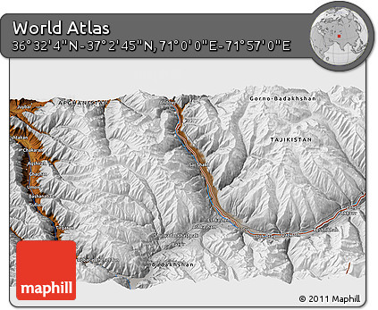 Physical 3D Map of the Area around 36° 47' 25" N, 71° 28' 29" E
