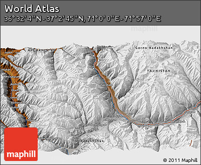 Physical 3D Map of the Area around 36° 47' 25" N, 71° 28' 29" E