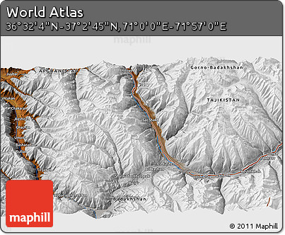 Physical 3D Map of the Area around 36° 47' 25" N, 71° 28' 29" E