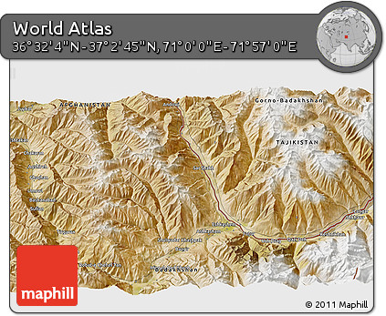 Satellite 3D Map of the Area around 36° 47' 25" N, 71° 28' 29" E