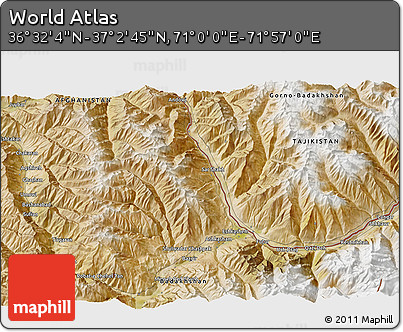 Satellite 3D Map of the Area around 36° 47' 25" N, 71° 28' 29" E