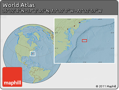 Savanna Style Location Map of the Area around 36° 47' 25" N, 73° 1' 30" W, hill shading
