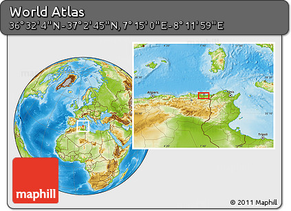 Physical Location Map of the Area around 36° 47' 25" N, 7° 43' 29" E