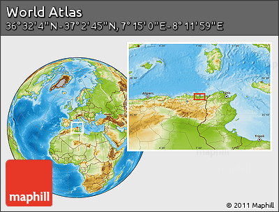 Physical Location Map of the Area around 36° 47' 25" N, 7° 43' 29" E