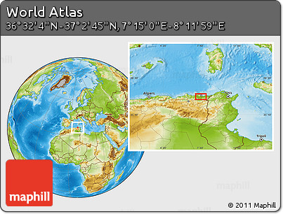 Physical Location Map of the Area around 36° 47' 25" N, 7° 43' 29" E