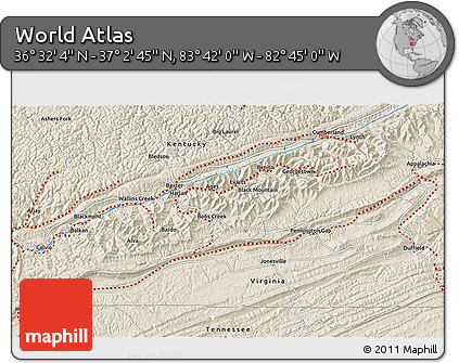 Shaded Relief 3D Map of the Area around 36° 47' 25" N, 83° 13' 29" W