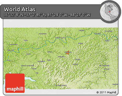 Physical 3D Map of the Area around 36° 47' 25" N, 84° 55' 30" W