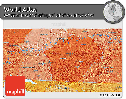Political 3D Map of the Area around 36° 47' 25" N, 84° 55' 30" W