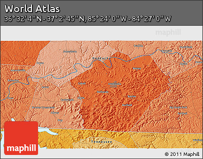 Political 3D Map of the Area around 36° 47' 25" N, 84° 55' 30" W