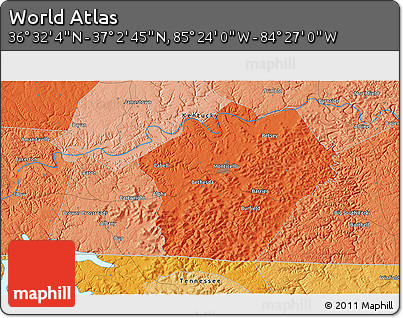 Political 3D Map of the Area around 36° 47' 25" N, 84° 55' 30" W