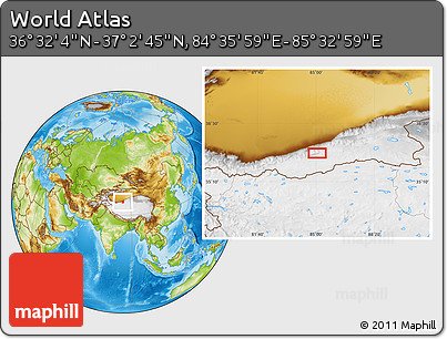 Physical Location Map of the Area around 36° 47' 25" N, 85° 4' 29" E