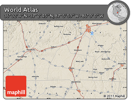 Shaded Relief Map of the Area around 36° 47' 25" N, 86° 37' 30" W