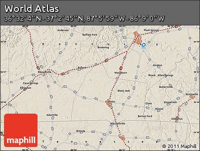 Shaded Relief Map of the Area around 36° 47' 25" N, 86° 37' 30" W