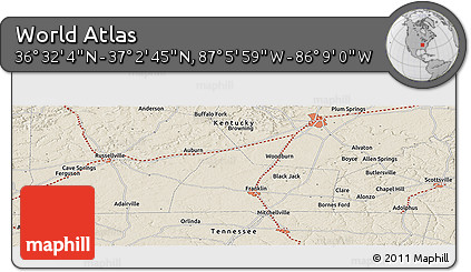 Shaded Relief Panoramic Map of the Area around 36° 47' 25" N, 86° 37' 30" W