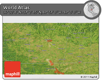 Satellite 3D Map of the Area around 36° 47' 25" N, 87° 28' 29" W