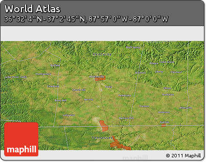 Satellite 3D Map of the Area around 36° 47' 25" N, 87° 28' 29" W