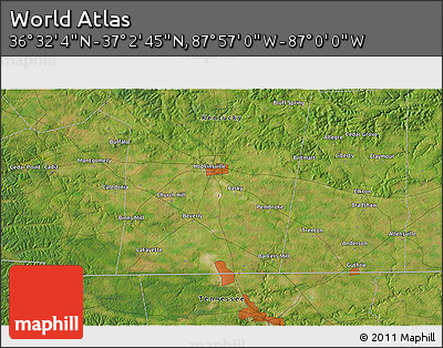 Satellite 3D Map of the Area around 36° 47' 25" N, 87° 28' 29" W