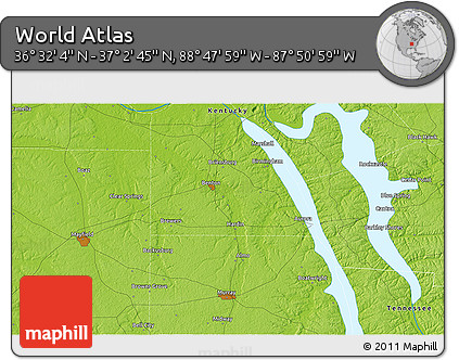 Physical 3D Map of the Area around 36° 47' 25" N, 88° 19' 29" W
