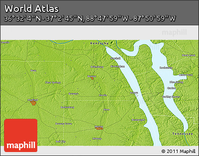 Physical 3D Map of the Area around 36° 47' 25" N, 88° 19' 29" W