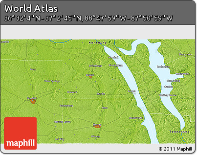 Physical 3D Map of the Area around 36° 47' 25" N, 88° 19' 29" W