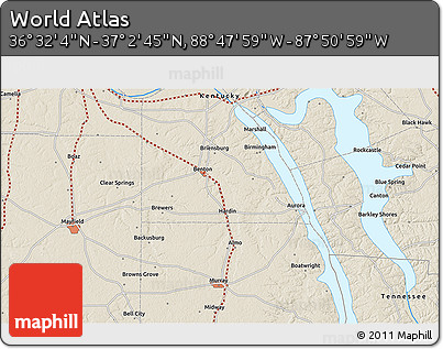 Shaded Relief 3D Map of the Area around 36° 47' 25" N, 88° 19' 29" W