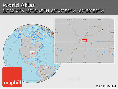 Gray Location Map of the Area around 36° 47' 25" N, 88° 19' 29" W