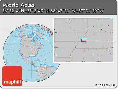 Gray Location Map of the Area around 36° 47' 25" N, 88° 19' 29" W
